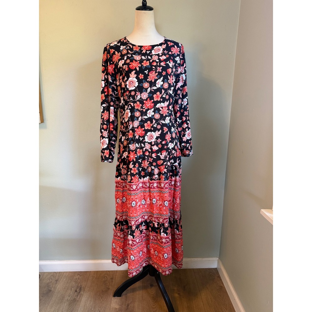 Black Red Floral Tiered Long Sleeve Maxi Dress L Boho whimsigoth retro festival